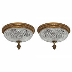 A Fabulous Pair Of French Gilt Bronze & Cut Crystal Flush Mount 15" Fixtures
