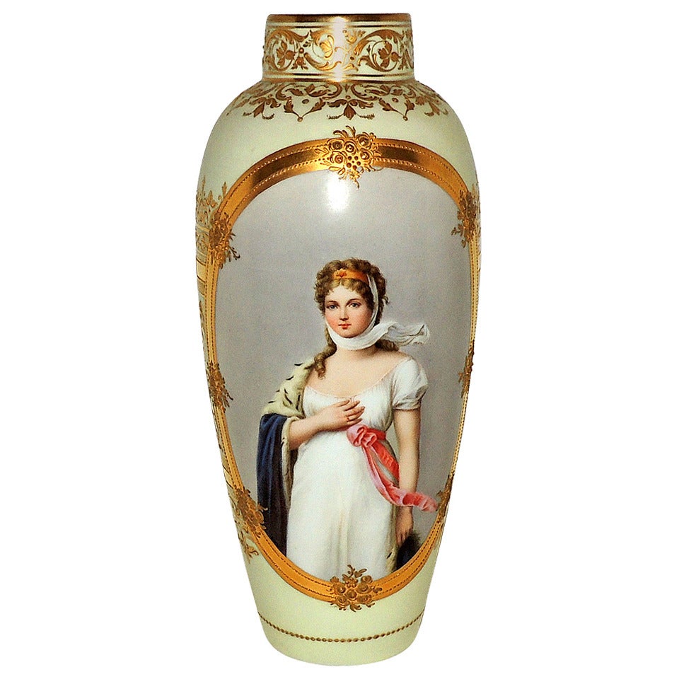 Rare Hand-Painted Pale Green Royal Vienna Portrait Vase "Louise" Raised Gilt For Sale