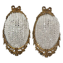 Oustanding Pair Of French Beaded & Dore Bronze Basket Form Bow Top Wall Sconces