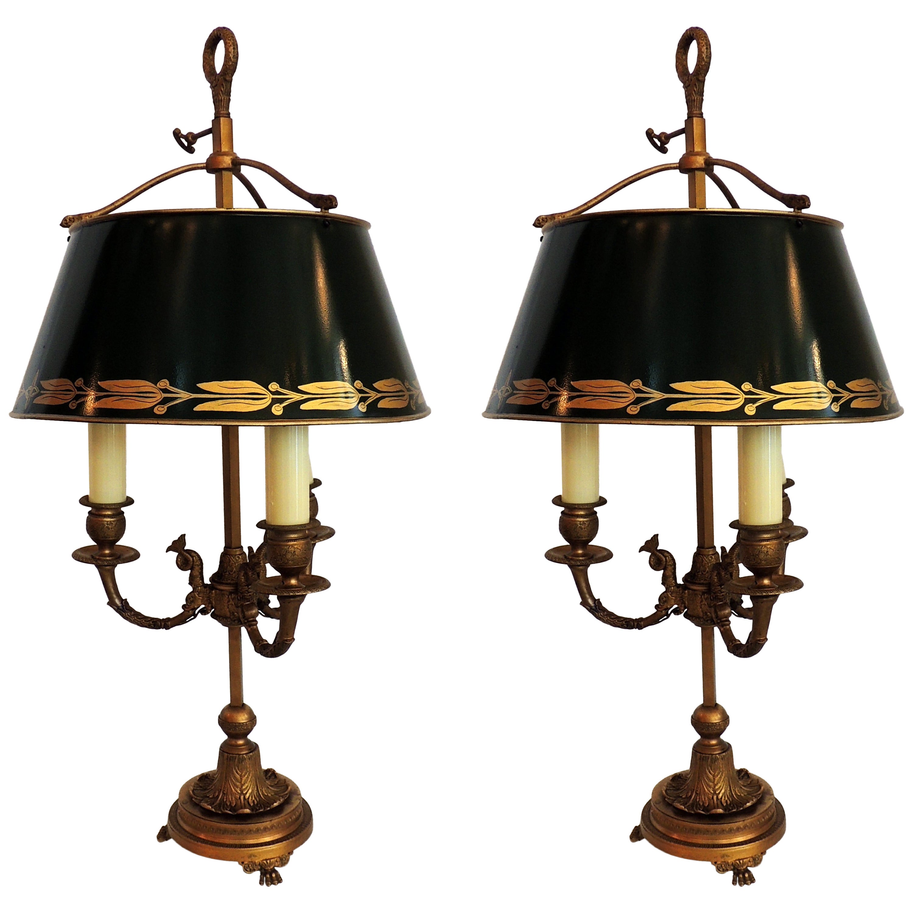 Wonderful Pair of Vintage French Bronze Green Hand-Painted Bouillotte Tole Lamps