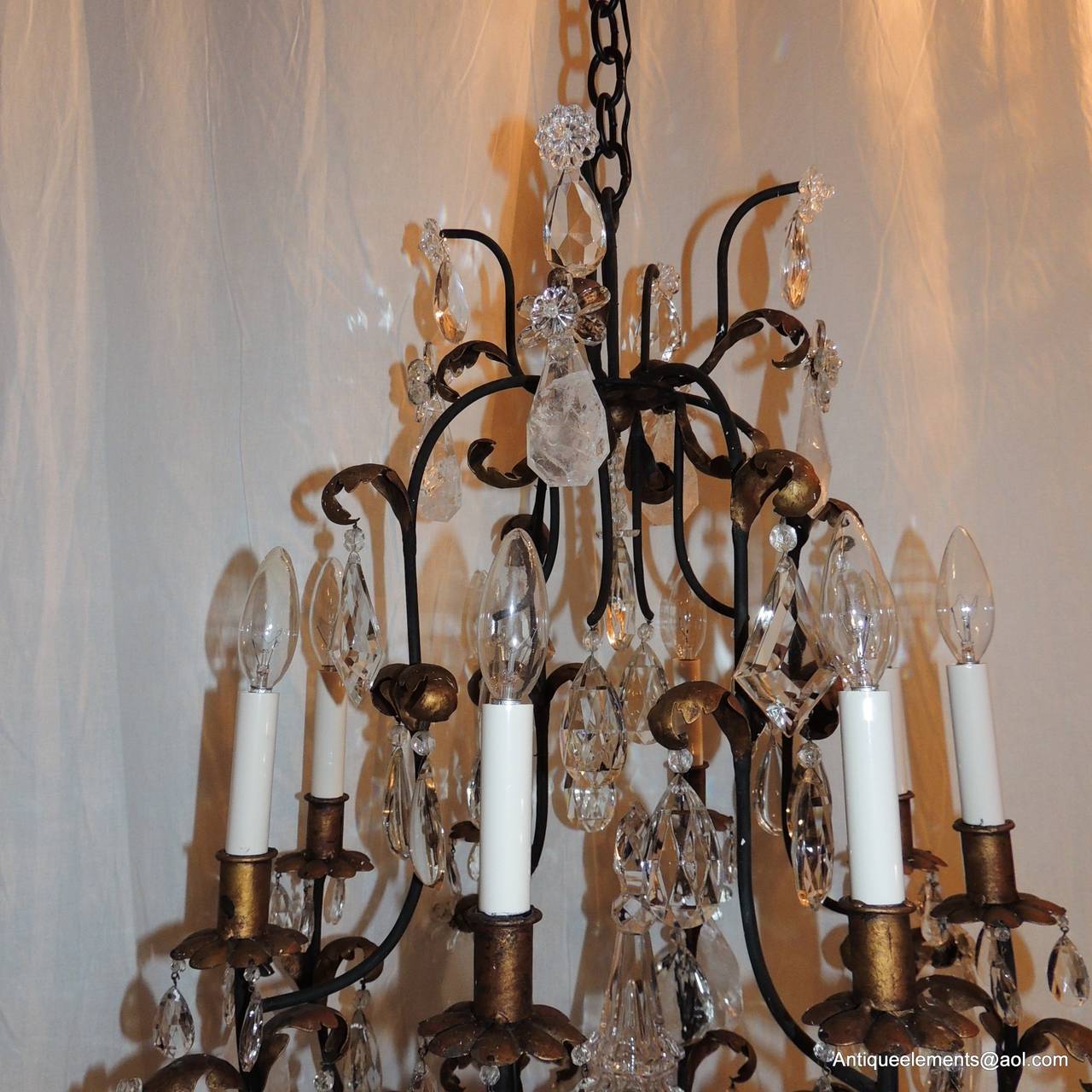 Wonderful French Baguès Rock Crystal Gilt Iron Eight-Light Chandelier Fixture In Good Condition In Roslyn, NY