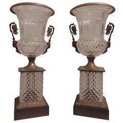 Pair of French Cut Crystal Dore Bronze Mounted Urns
