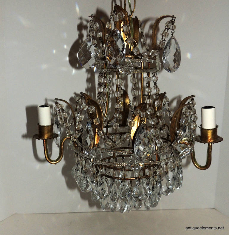 French Petite Wedding Cake Shape Crystal Prism & Bronze 3 Arm Chadelier