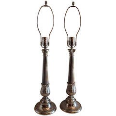 A Wonderful Neoclassical Pair of Silvered Bronze & Decorated Column Lamps