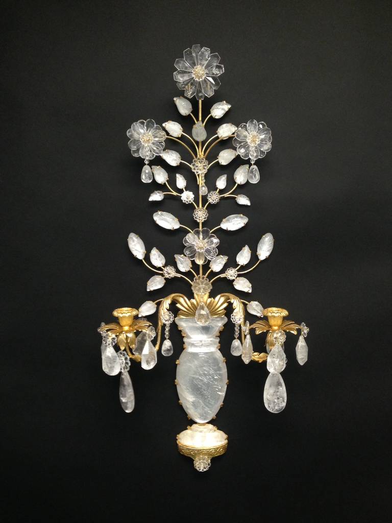 Wonderful Pair Of Gilt Metal & Rock Crystal Flowers & Urn Candelabra Sconces