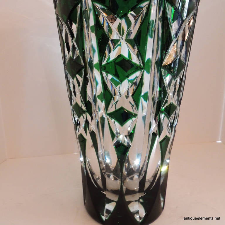 Belle Époque A Monumental Vintage Saint Louis Crystal, France Large Green Cut to Clear Vase