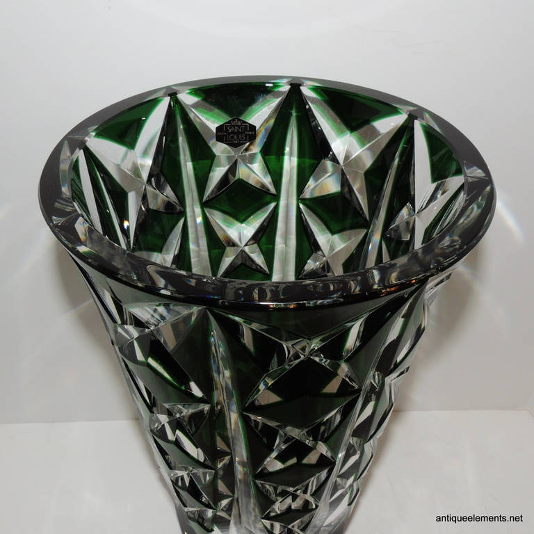 French A Monumental Vintage Saint Louis Crystal, France Large Green Cut to Clear Vase