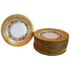 Elegant Set of 12 Black Knight Gold Encrusted Porcelain Dinner Plates
