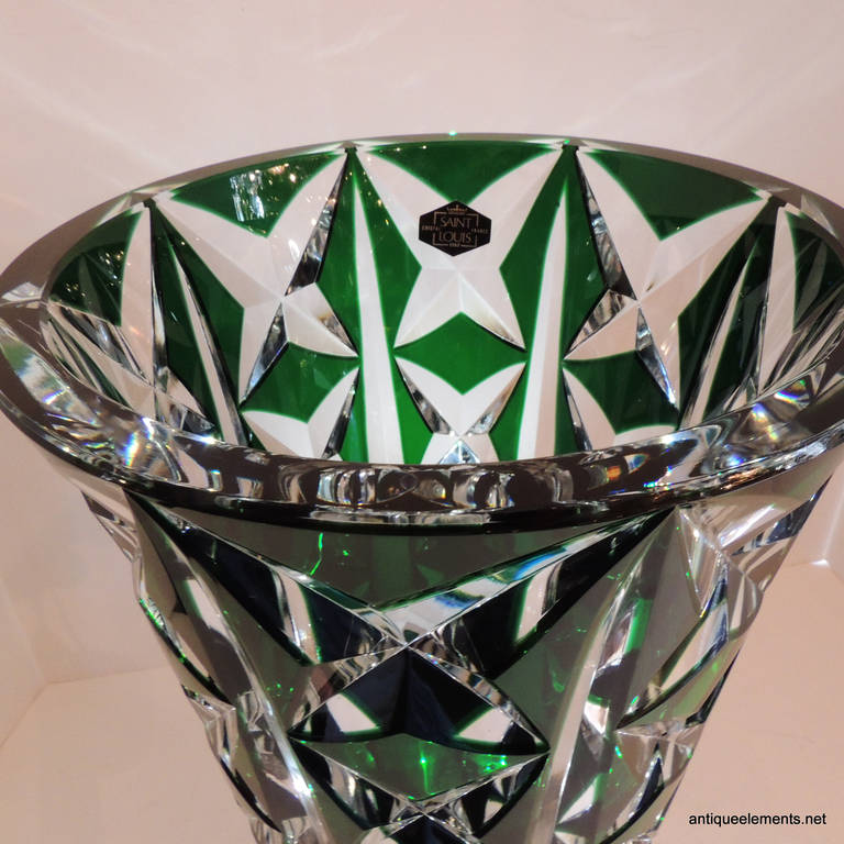 A Monumental Vintage Saint Louis Crystal, France Large Green Cut to Clear Vase In Excellent Condition In Roslyn, NY