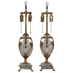 Pair Of Ormolu Dore Bronze Mounted & Cut Crystal Double Light Urn Form Lamps