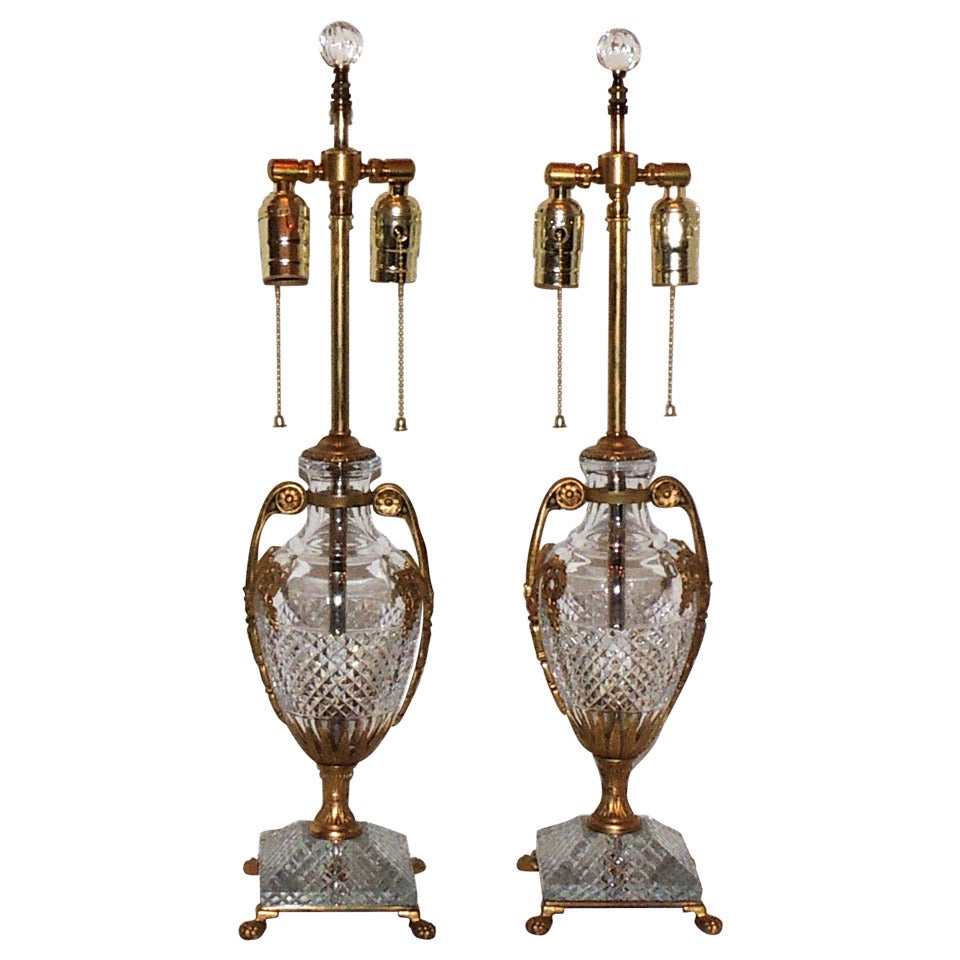 Pair Of Ormolu Dore Bronze Mounted 
Cut Crystal Double Light Urn Form Lamps