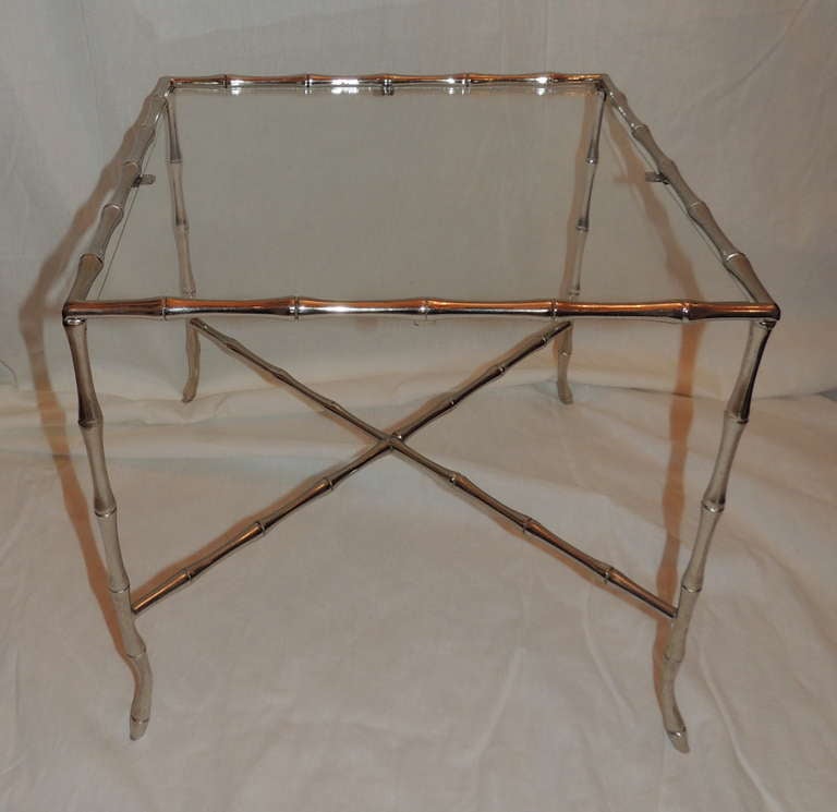 French Wonderful Pair Bagues Silvered Bronze Nickel and Glass Top Bamboo Side Tables