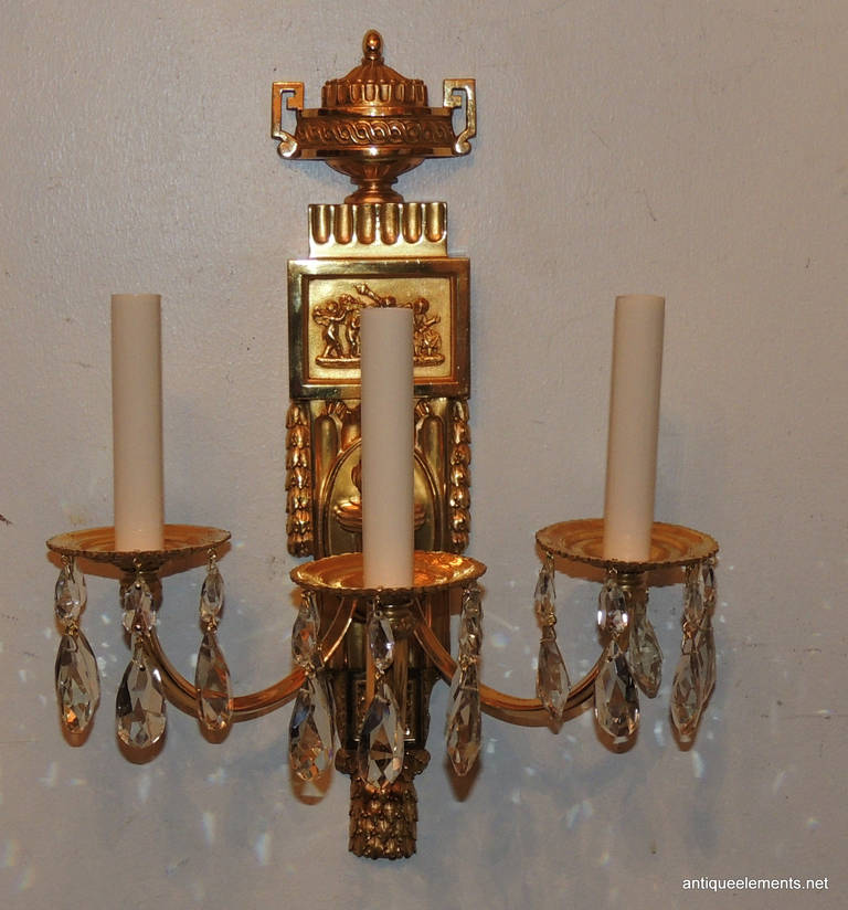 Elegant Pair of Caldwell, Three-Arm Dore Bronze Sconces with Faceted Crystal