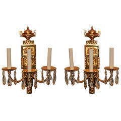 Elegant Pair of Caldwell, Three-Arm Dore Bronze Sconces with Faceted Crystal