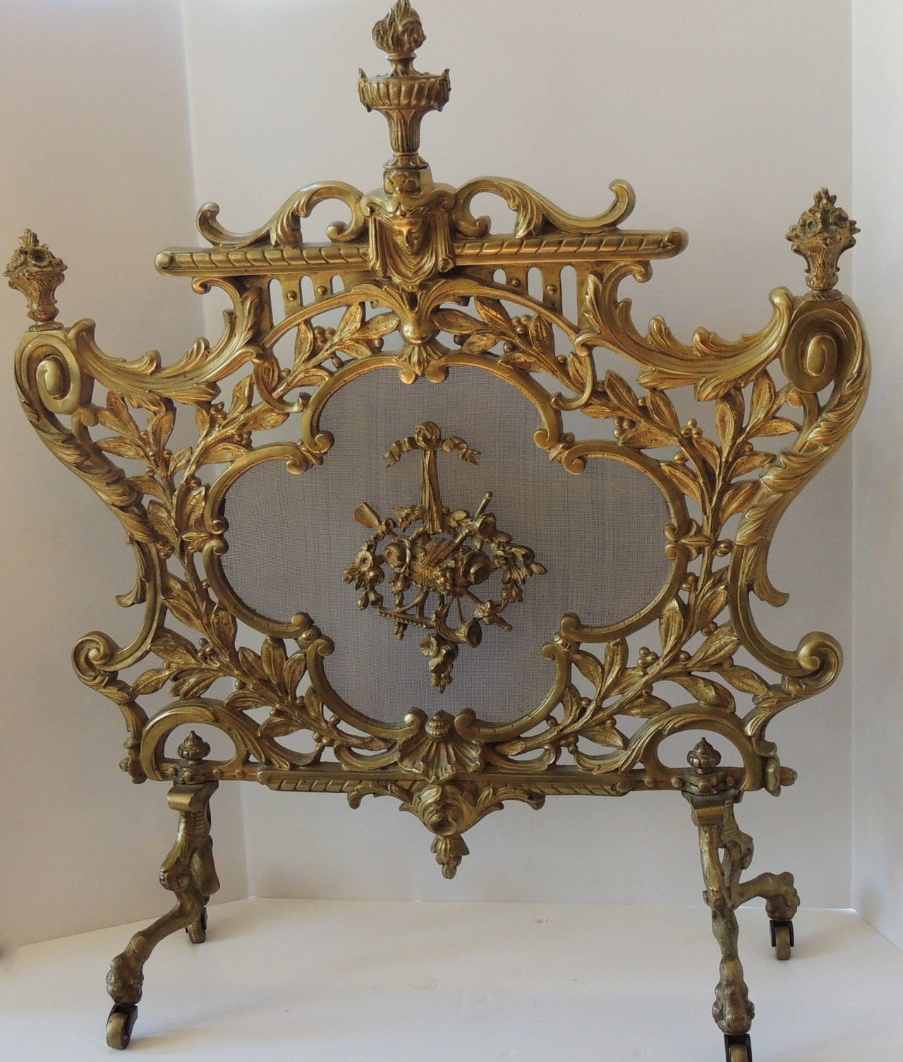 Wonderful Rococo Figural French Doré Bronze Fire Screen With Center Medalian