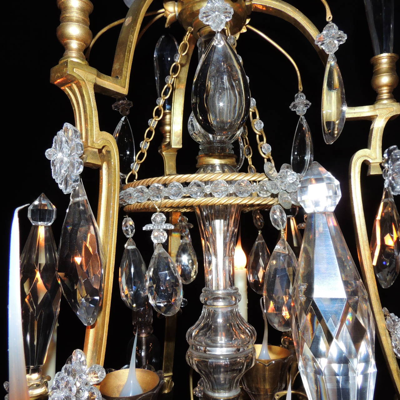 20th Century Louis Philippe French Doré Bronze and Rock Crystal Twelve-Light Chandelier For Sale