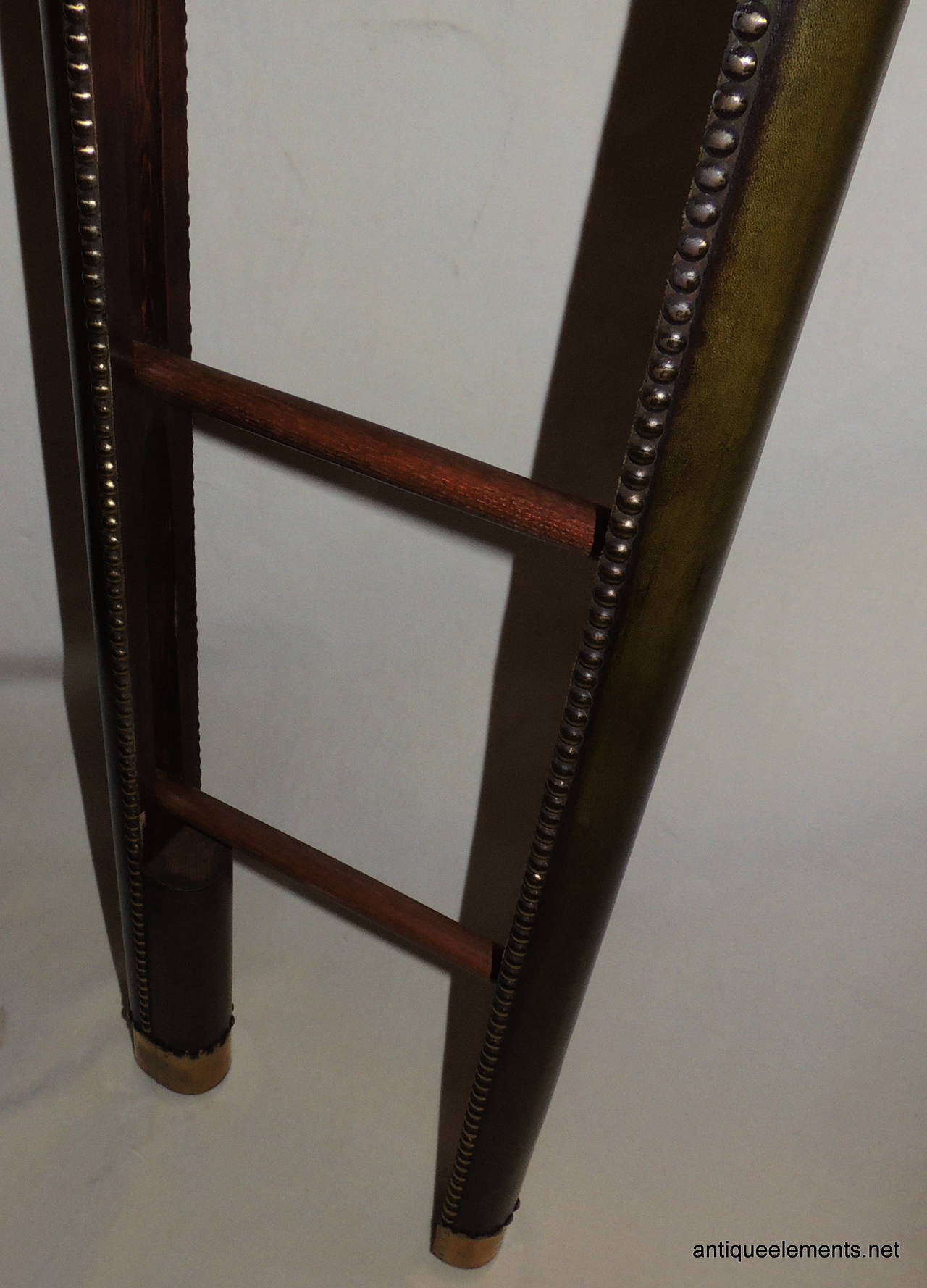 Mid-20th Century Handsome Vintage English Green Leather & Brass Folding Library Ladder Nailheads