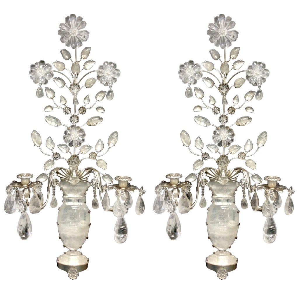 Modern Pair of Silver Gilt and Rock Crystal Flowers and Urn Candelabra