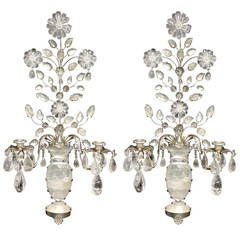 Modern Pair of Silver Gilt & Rock Crystal Flowers and Urn Candelabra Sconces