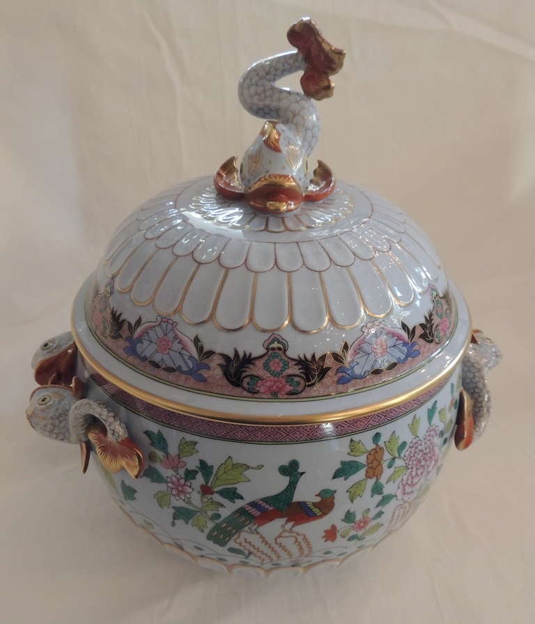 Beautiful Hand Painted Herend Covered Tureen with Dolphin Handles.