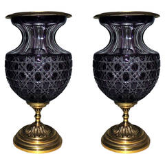 Wonderful Pair French Ormolu Amethysts Cut To Clear Crystal & Gilt Bronze Vases