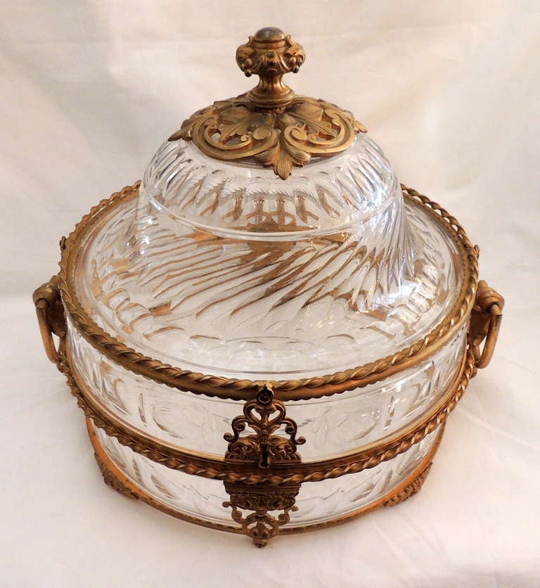 Gilt Unusual 19th Century French Ormolu Dore Bronze & Cut Crystal Dome Top Box