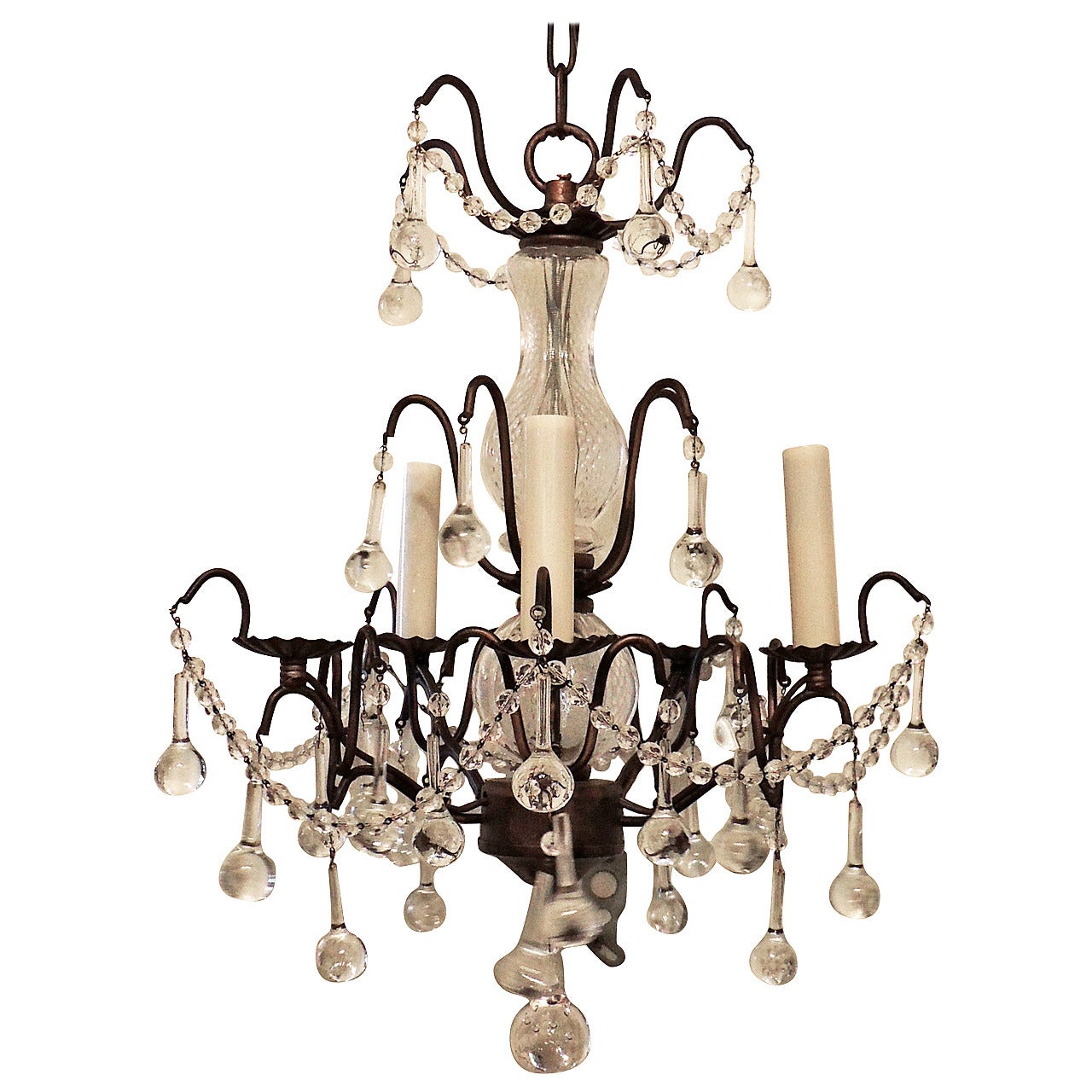 Wonderful Petite Five-Light Gilt and Crystal Tear Drop Chandelier