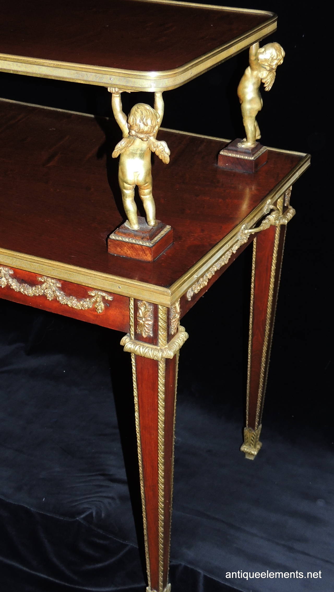Exceptional Two Tier French Dore Bronze Ormolu Mounted Table Adorned W/ Cherub 2