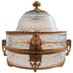 Unusual 19th Century French Ormolu Dore Bronze & Cut Crystal Dome Top Box