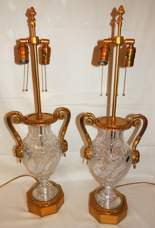 Pair of Cut Crystal Dore Bronze Mounted Lamps