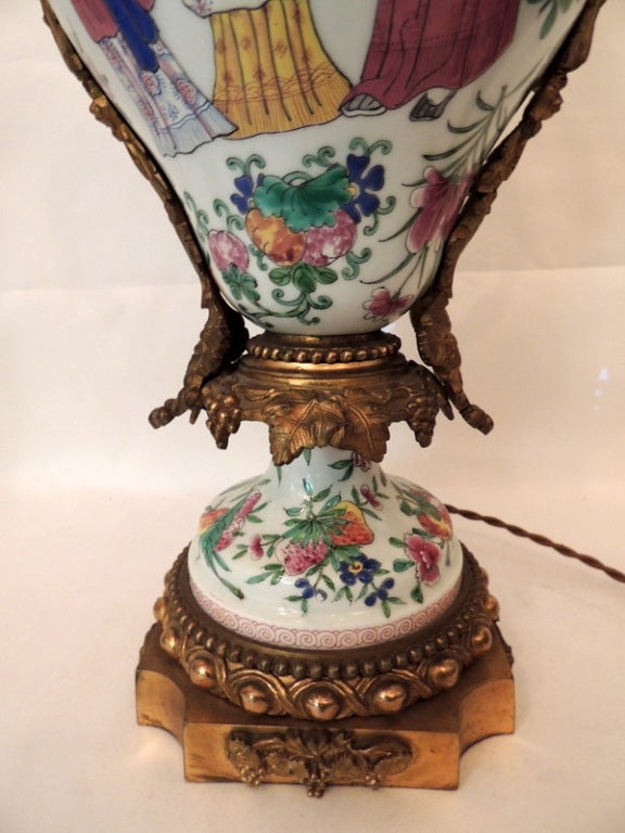 Wonderful Pair of Chinoiserie Hand-Painted Porcelain Dore Bronze Mounted Lamps In Excellent Condition In Roslyn, NY