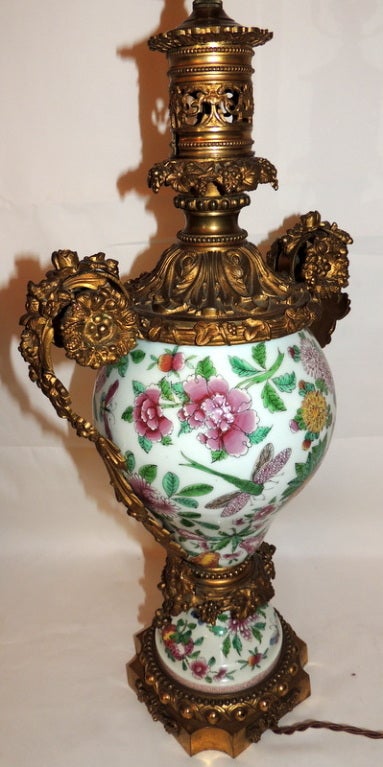 Mid-20th Century Wonderful Pair of Chinoiserie Hand-Painted Porcelain Dore Bronze Mounted Lamps