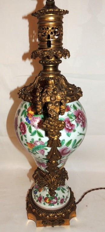 Wonderful Pair of Chinoiserie Hand-Painted Porcelain Dore Bronze Mounted Lamps 1