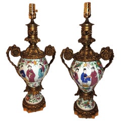 Wonderful Pair of Chinoiserie Hand-Painted Porcelain Dore Bronze Mounted Lamps