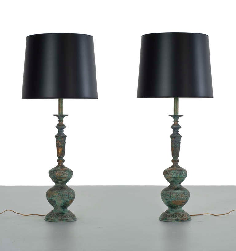 Pair Of Bronze Verdigris Table Lamps