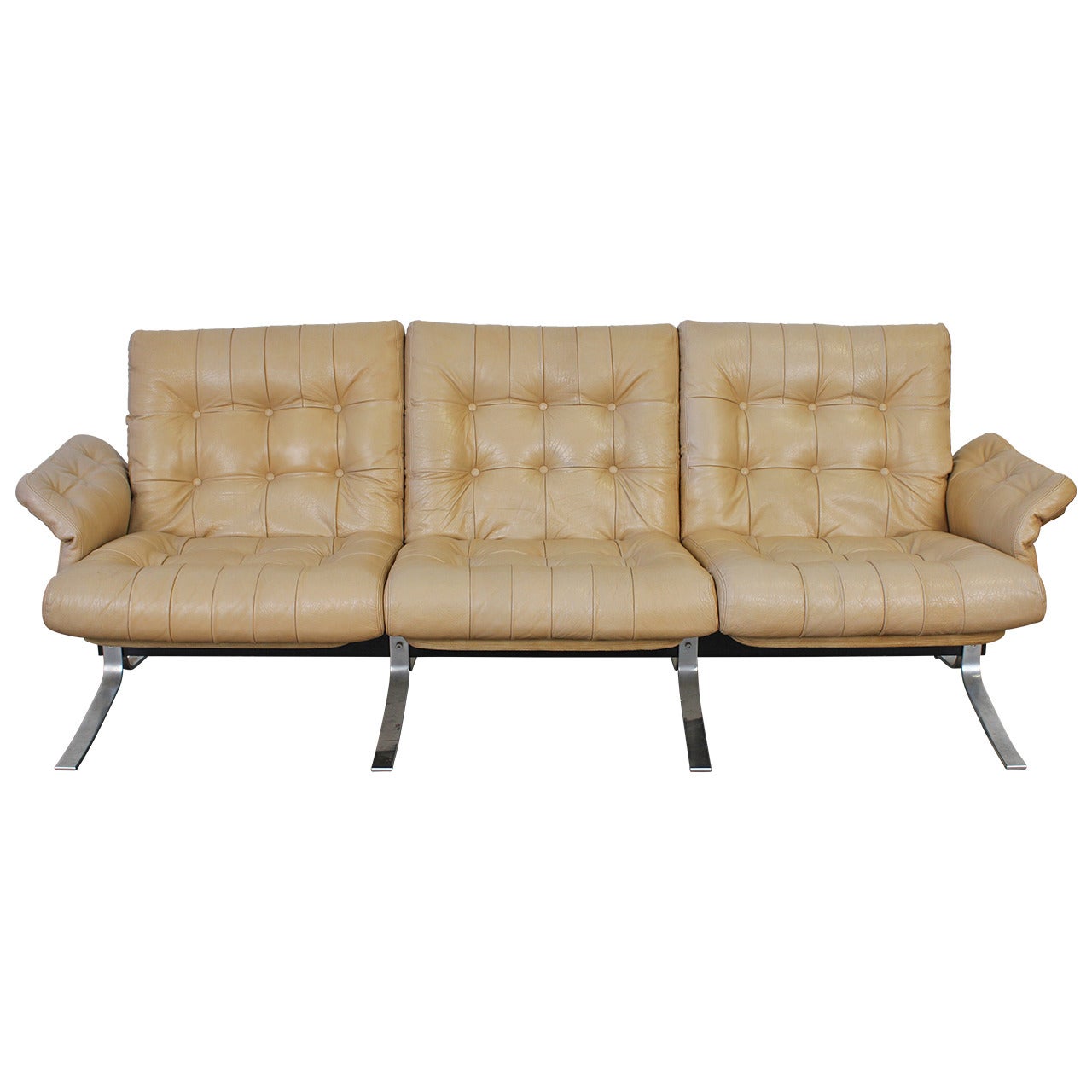 Three-Seat Metal Sofa with Tufted Crème Leather by Ebbe Gehl & Søren Nissen