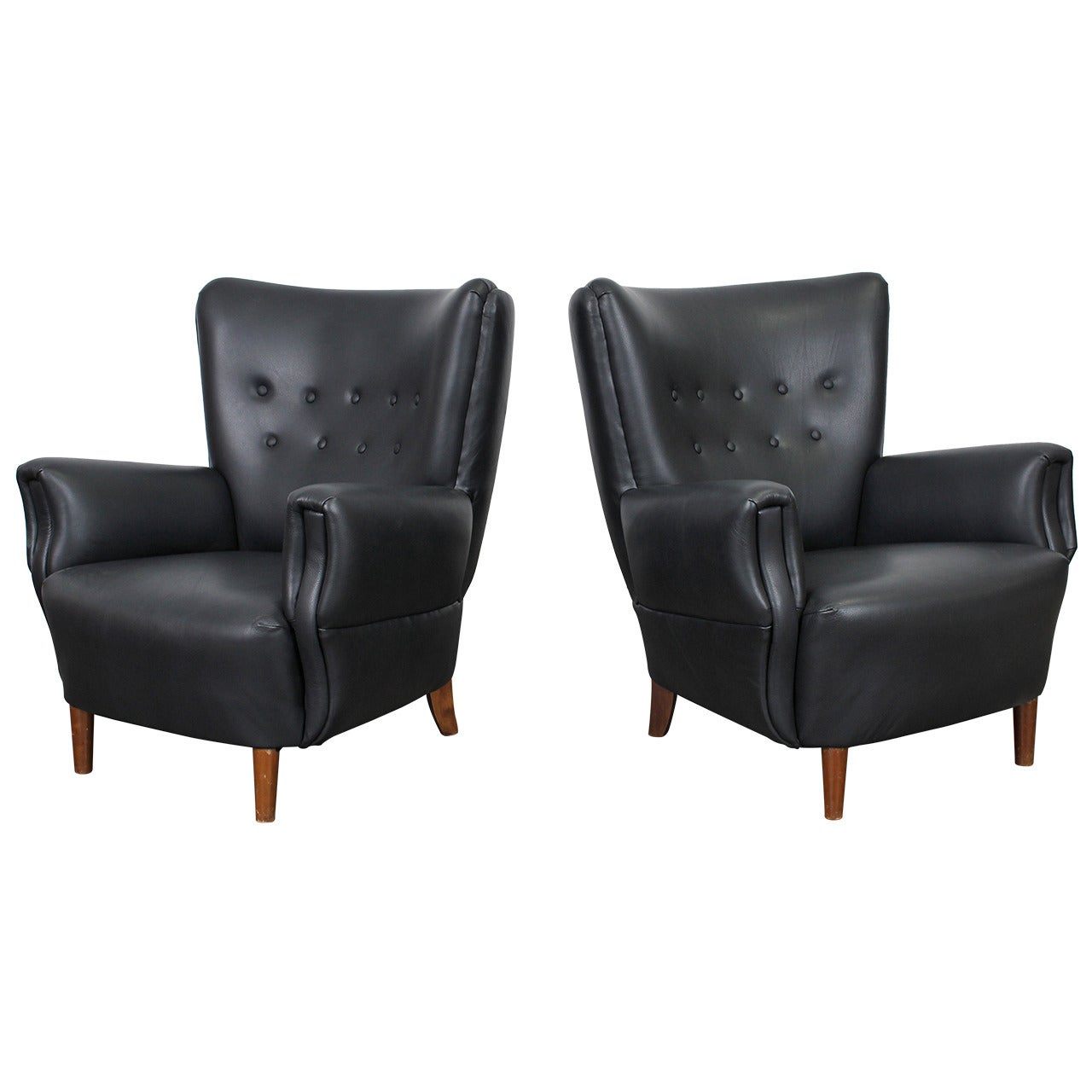 Pair of Black Leather Tufted Danish 1950s Lounge Chairs
