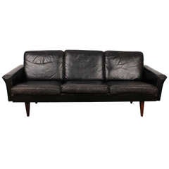Danish Mid Century Modern Black Leather Sofa