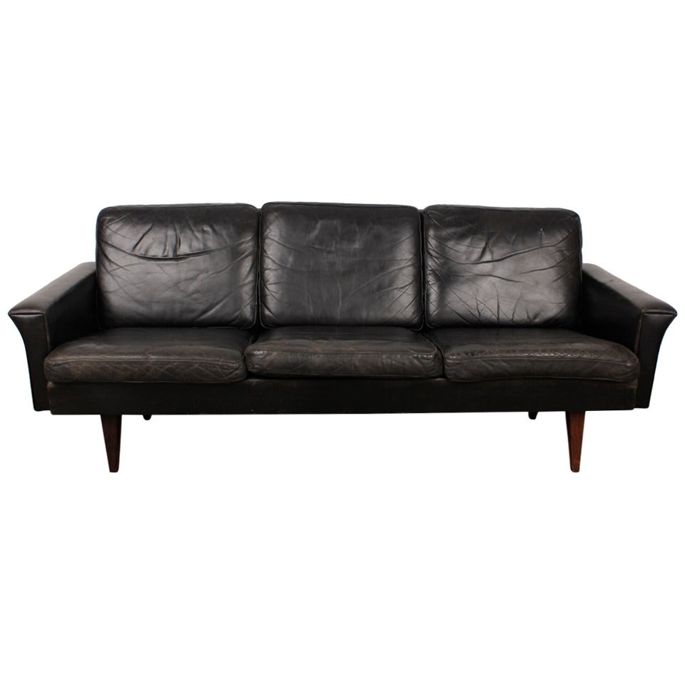Danish Mid Century Modern Black Leather Sofa