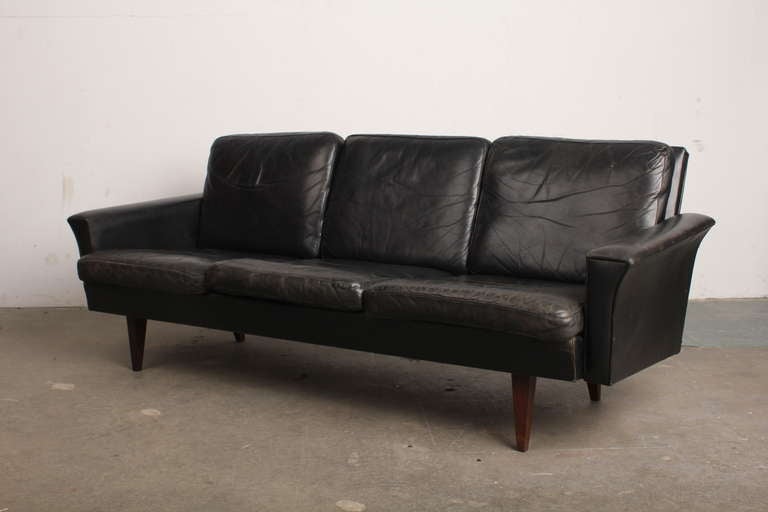 Mid-20th Century Danish Mid Century Modern Black Leather Sofa