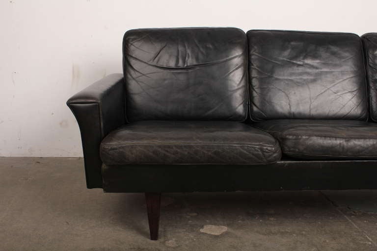 Danish Mid Century Modern Black Leather Sofa 1