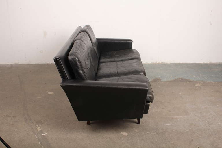 Danish Mid Century Modern Black Leather Sofa 3