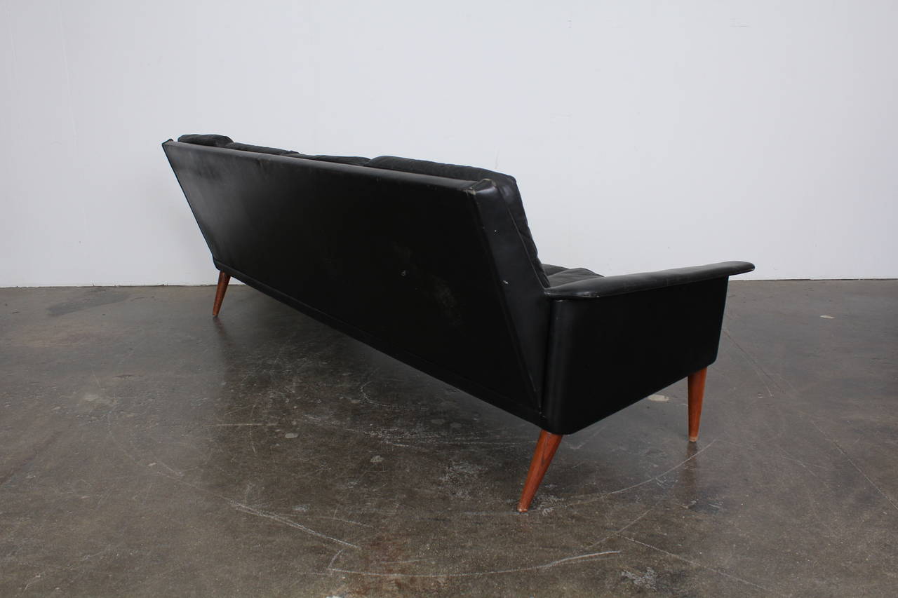 Mid Century Danish Four Seat Black Leather Sofa by H.W. Klein 2