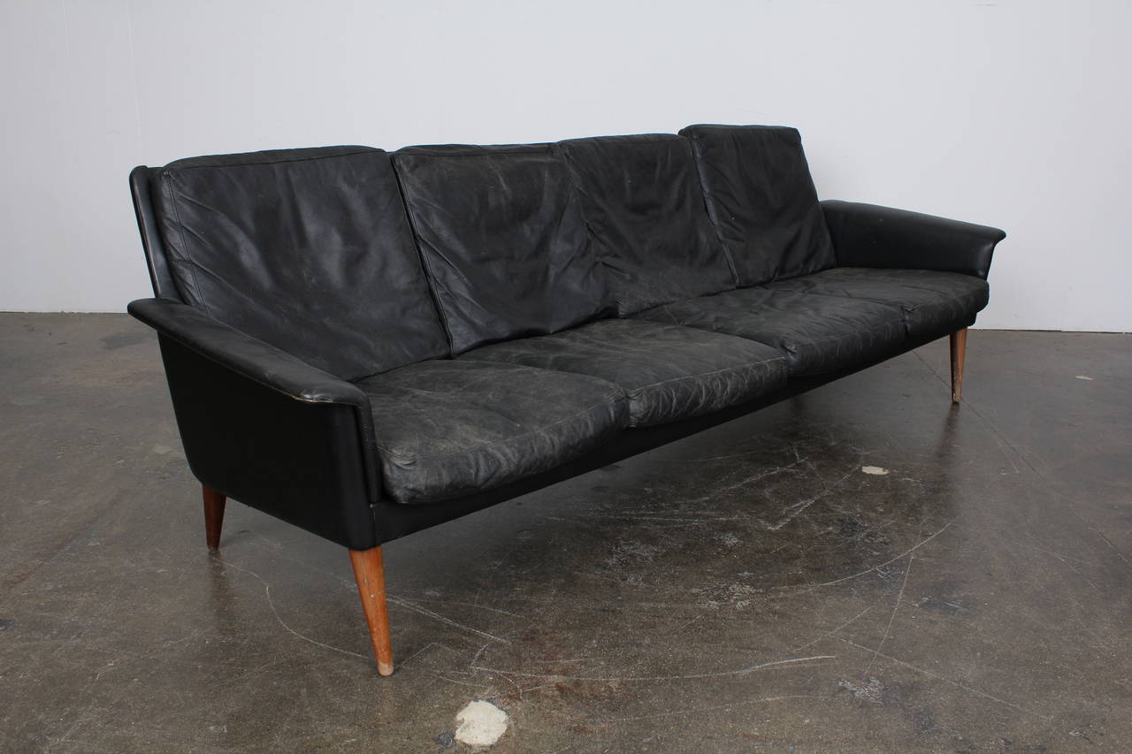 Mid Century Danish Four Seat Black Leather Sofa by H.W. Klein 1