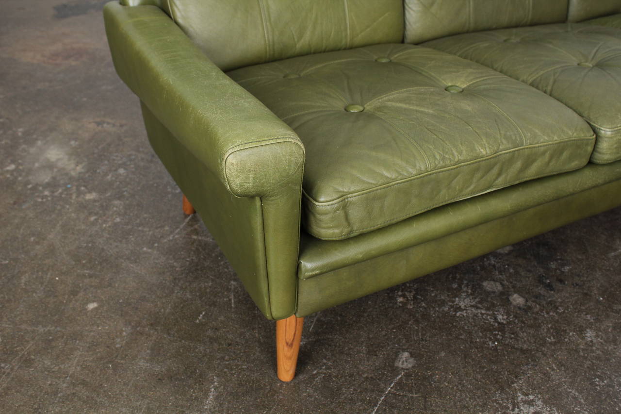 Danish Mid-Century Modern Green Leather Sofa by Skippers Mobler