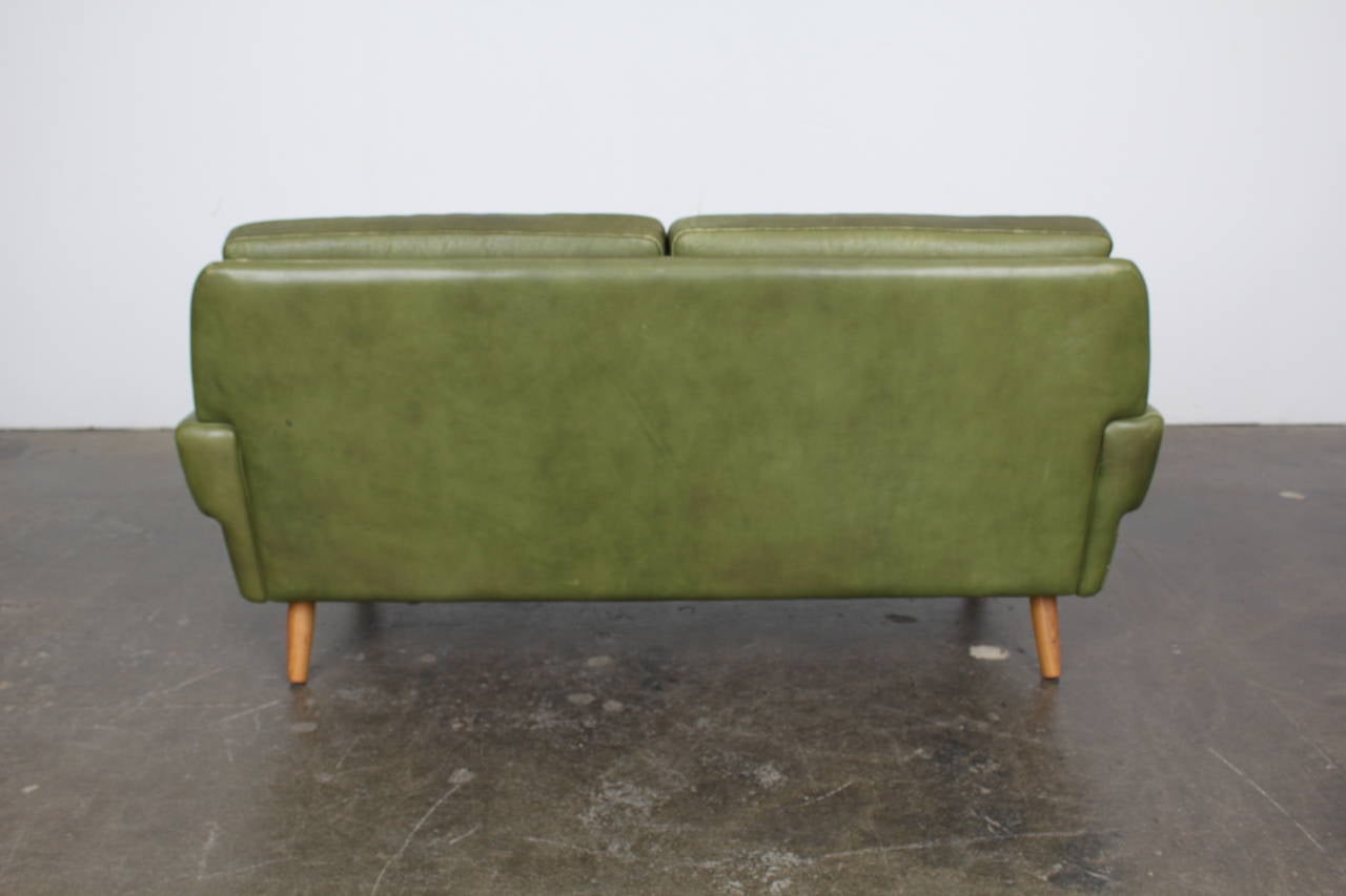 Danish Mid-Century Modern Green Leather Loveseat by Skippers Mobler