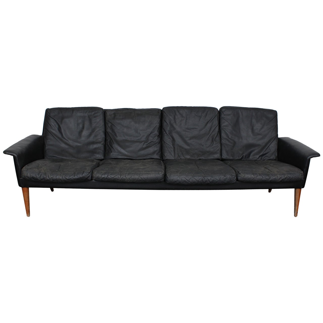 Mid Century Danish Four Seat Black Leather Sofa by H.W. Klein