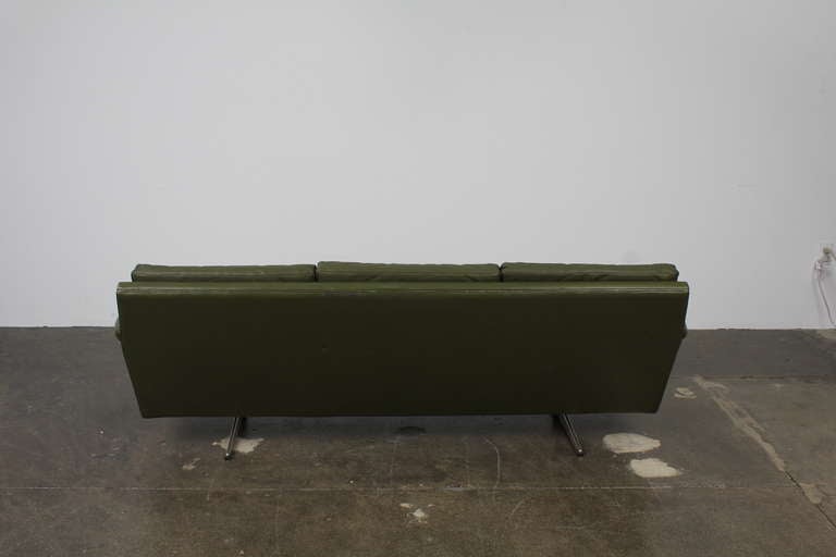 Mid-Century Modern Leather Sofa with Metal Legs 1