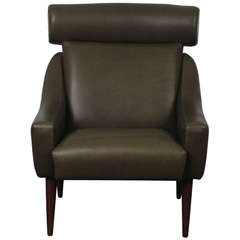 Green Leather Danish Mid-Century Modern Lounge Chair