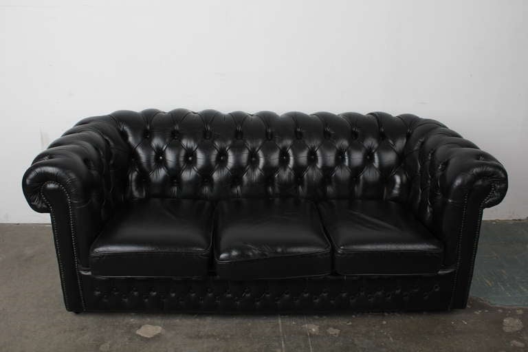 Late 20th Century English Vintage Black Leather Chesterfield Sofa